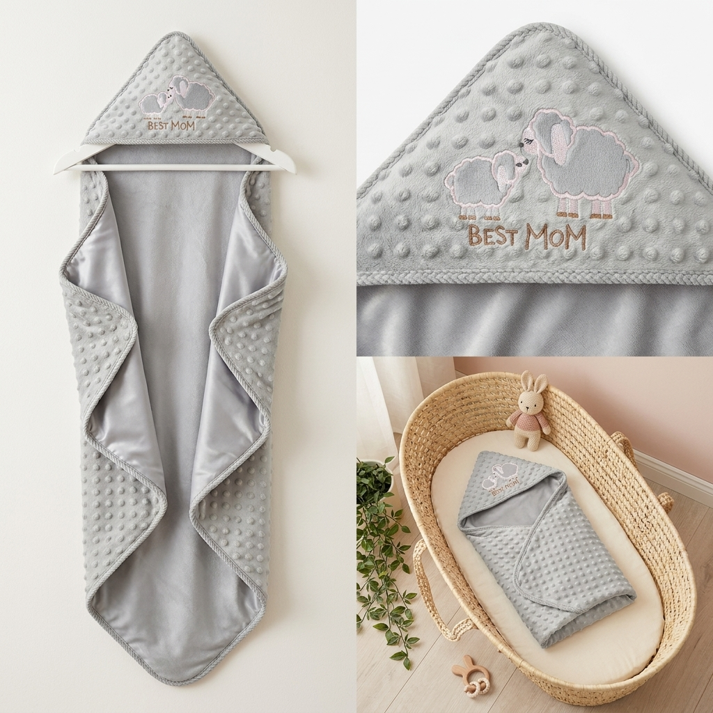 Premium Hooded Minky Baby Swaddle Blanket – Light Grey Elephant