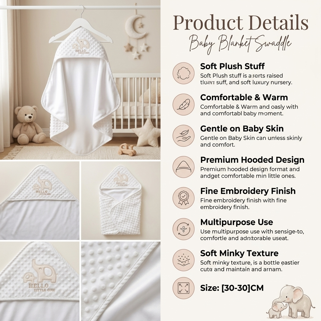 Premium Hooded Minky Baby Swaddle Blanket – White