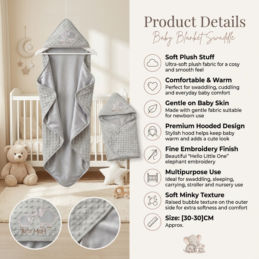 Premium Hooded Minky Baby Swaddle Blanket – Light Grey Elephant
