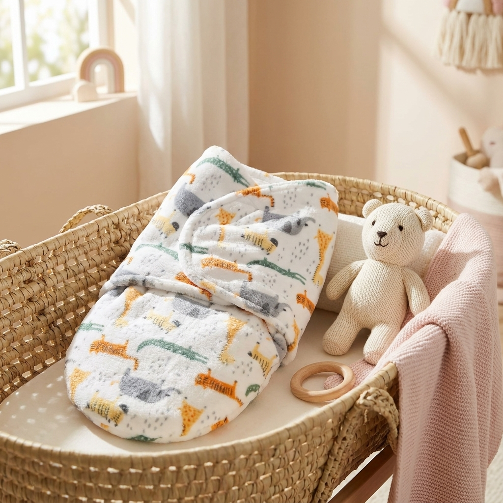 Premium Plush Baby Swaddle Wrap Blanket – Safari Animals Print