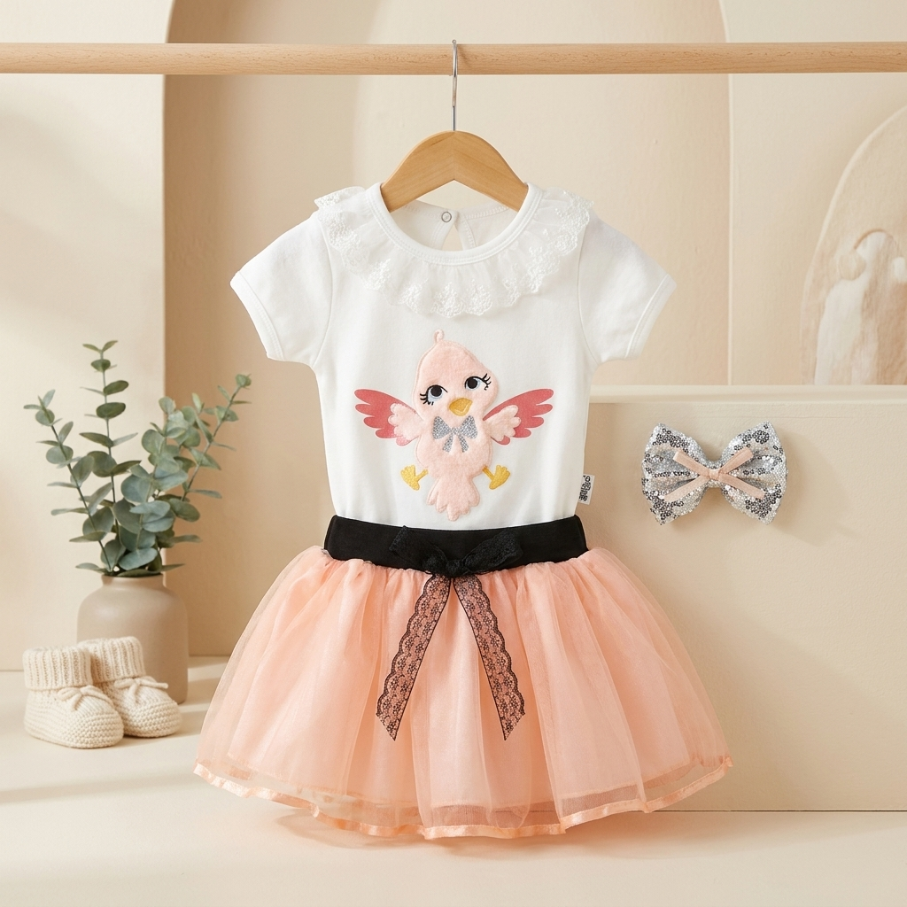 Baby Girls Bird Tulle Bodysuit Dress Set with Matching Hair Clip