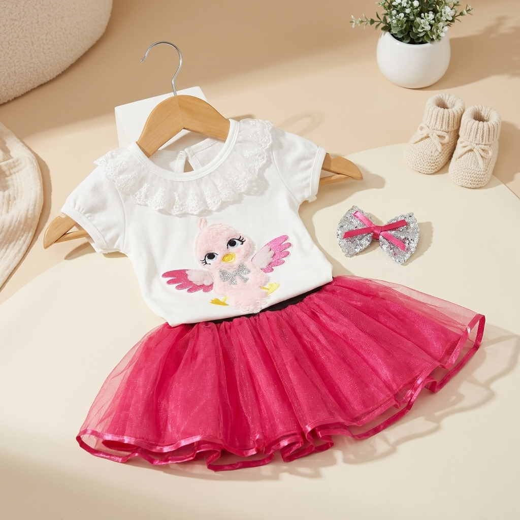 Baby Girls Bird Tulle Bodysuit Dress Set with Matching Hair Clip