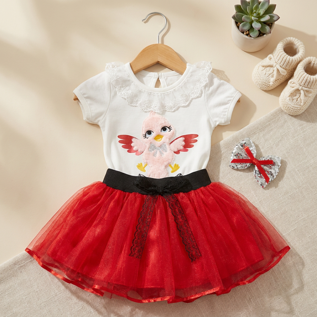 Baby Girls Bird Tulle Bodysuit Dress Set with Matching Hair Clip