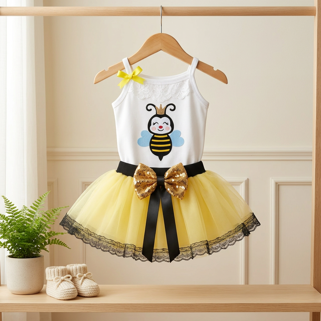 Baby Girls Bee Tutu Bodysuit Dress with Bow