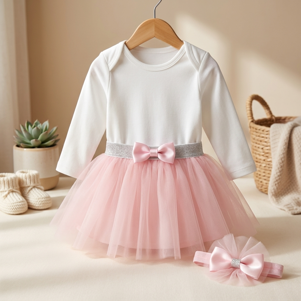 Baby Girls Tulle Bodysuit Dress Set with Matching Headband