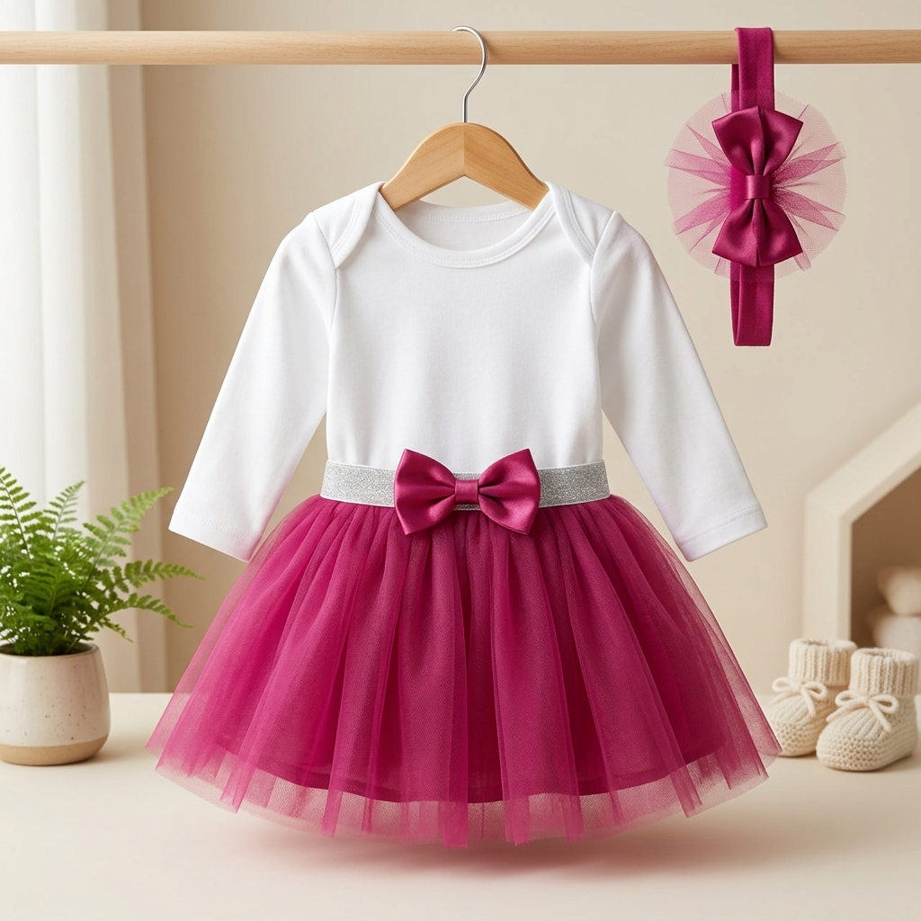 Baby Girls Tulle Bodysuit Dress Set with Matching Headband
