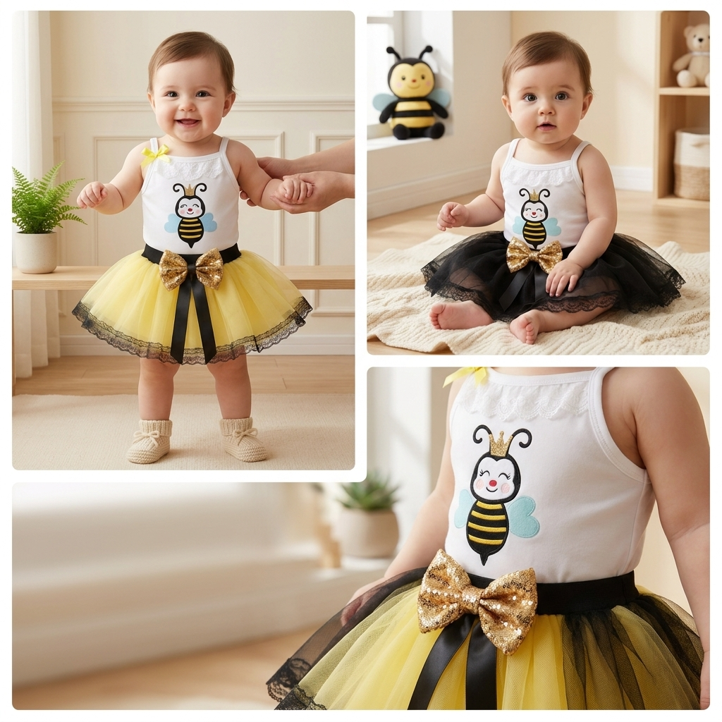Baby Girls Bee Tutu Bodysuit Dress with Bow