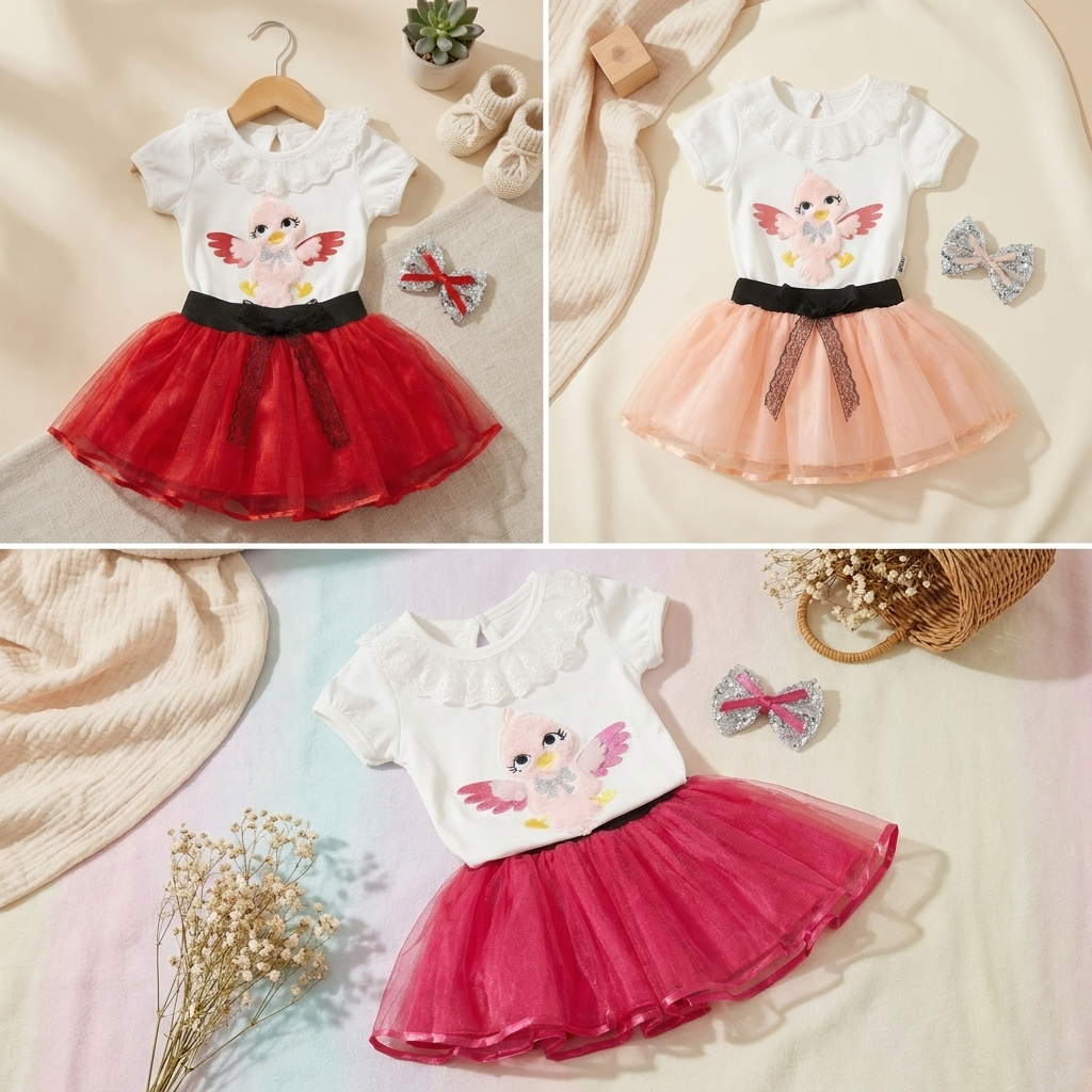 Baby Girls Bird Tulle Bodysuit Dress Set with Matching Hair Clip