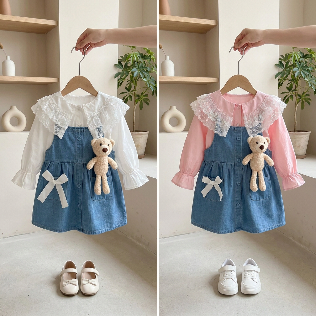 Baby Girls Lace Denim Dress Set with Teddy Bear