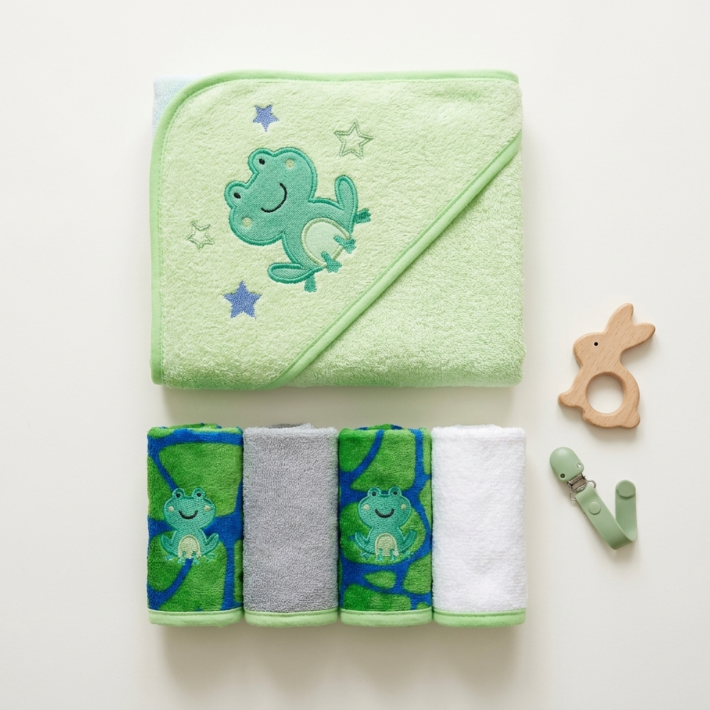 Frog Hooded Baby Towel & Washcloth Gift Set – 5 Pieces