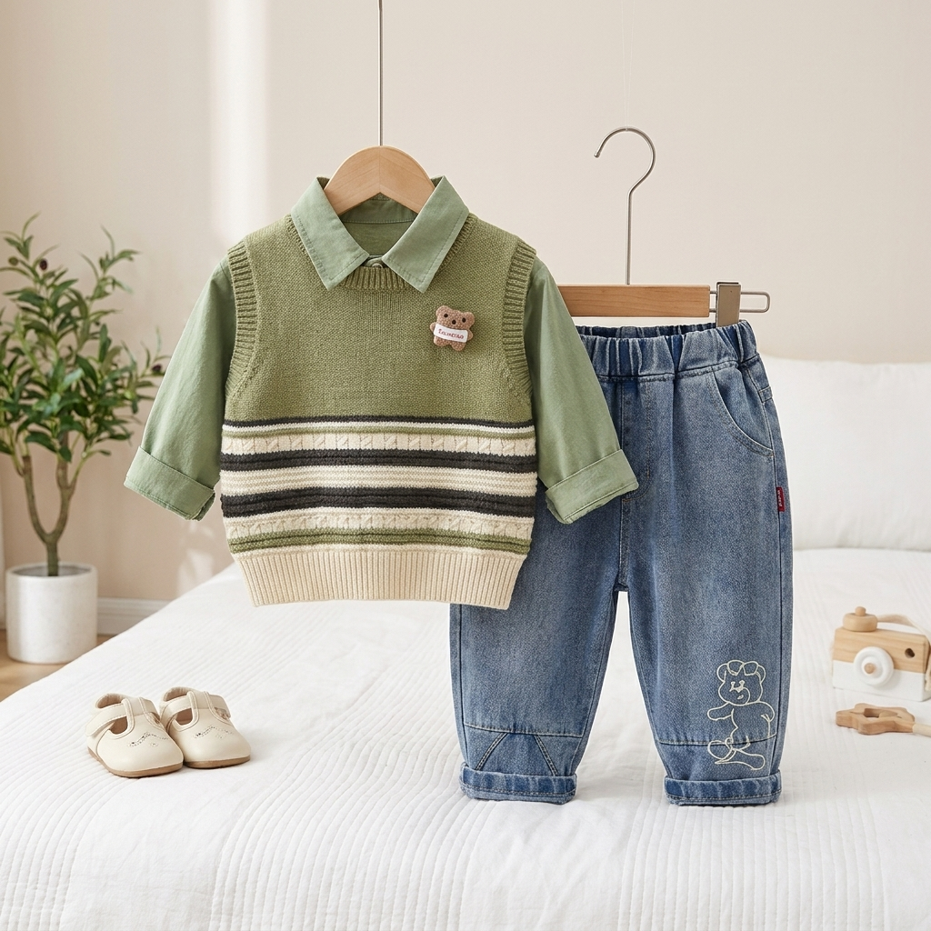 Baby Boys 3-Piece Knit Vest & Denim Set – Olive Green