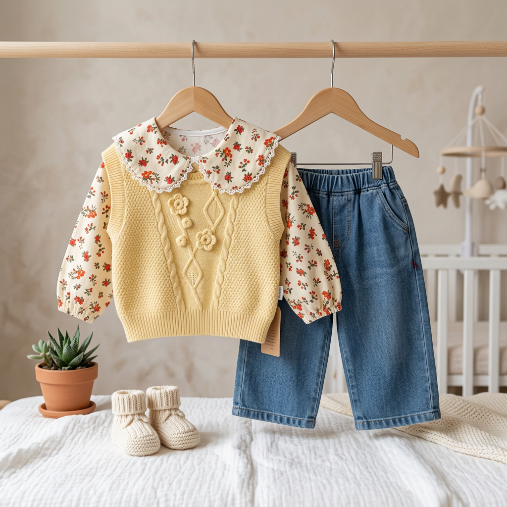 Girls Floral Knit Sweater & Denim Pants Set – 3 Piece