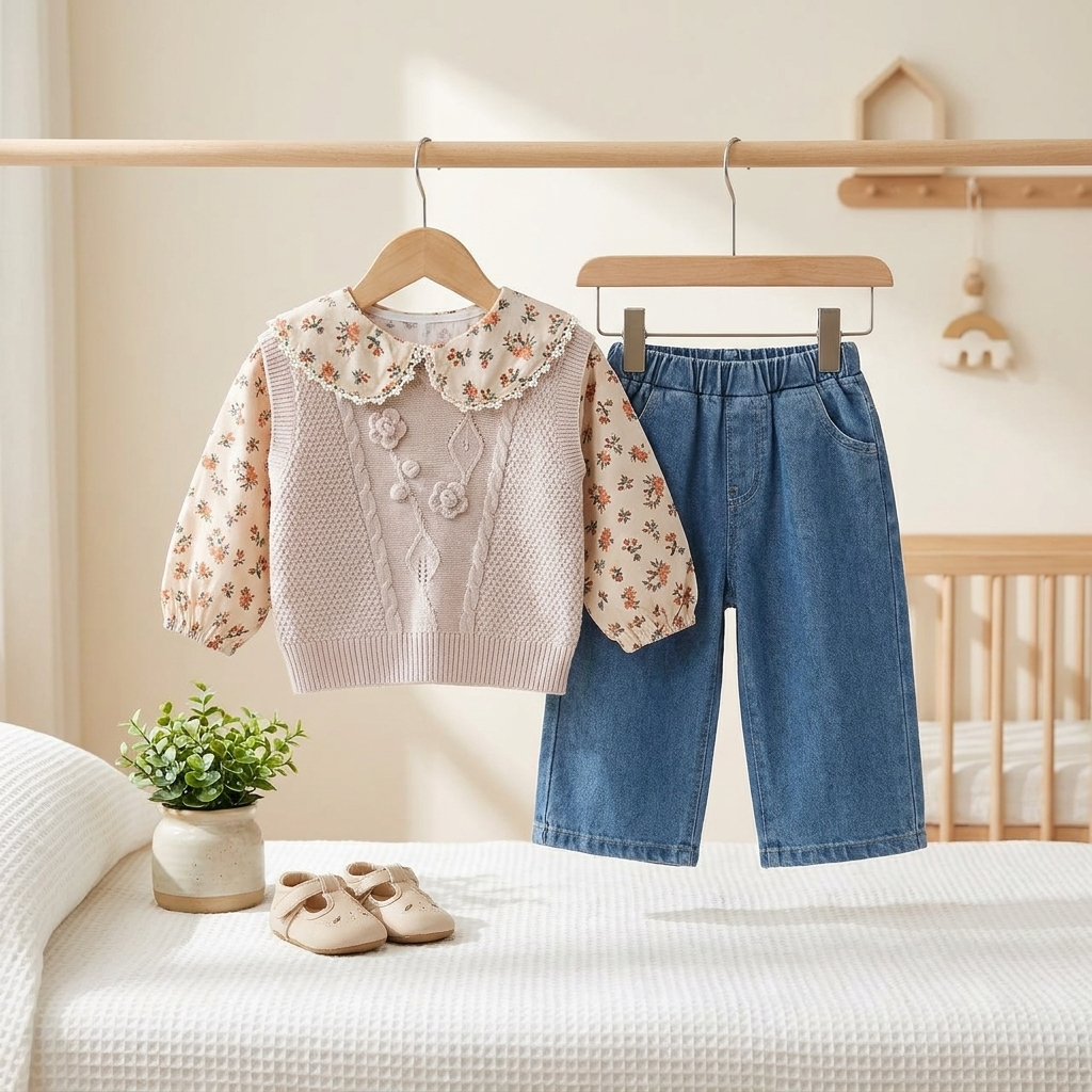 Girls Floral Knit Sweater & Denim Pants Set – 3 Piece