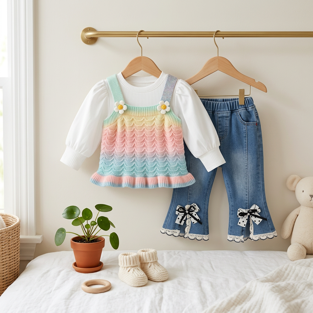 Girls Rainbow Knit Top & Denim Pants Set – 3 Piece