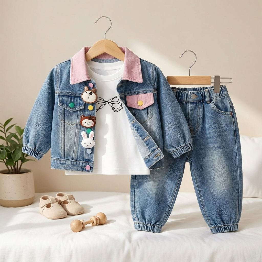 Baby Girls 3-Piece Denim Jacket & Jeans Set with Bunny Tee