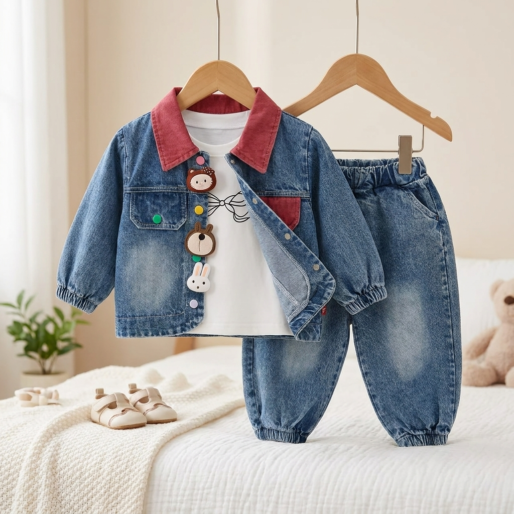 Baby Girls 3-Piece Denim Jacket & Jeans Set with Bunny Tee