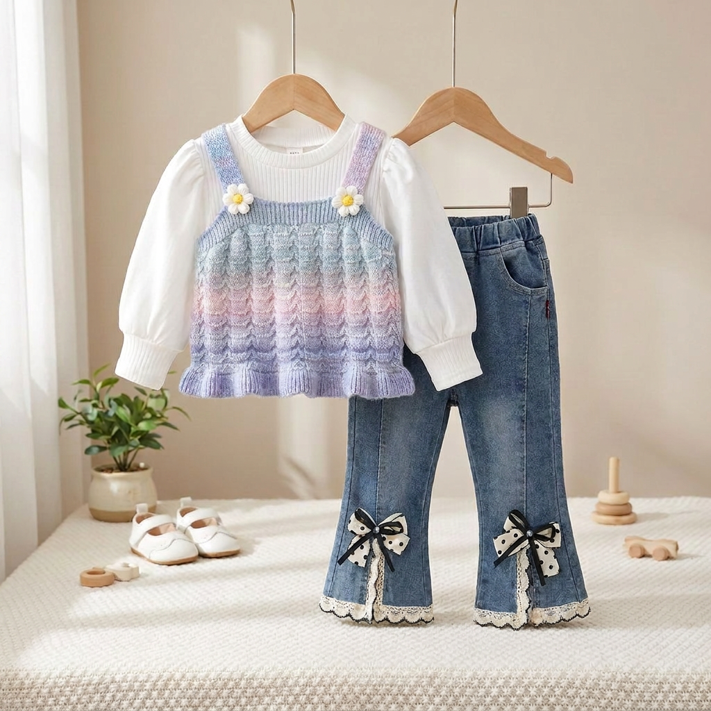 Girls Rainbow Knit Top & Denim Pants Set – 3 Piece