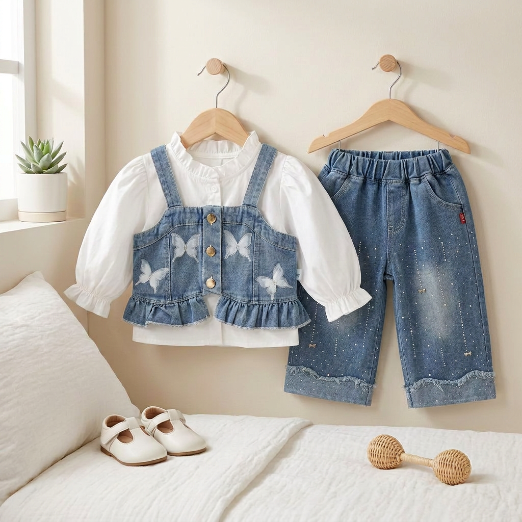 Girls Butterfly Denim Vest & Wide-Leg Jeans Set – 3 Piece