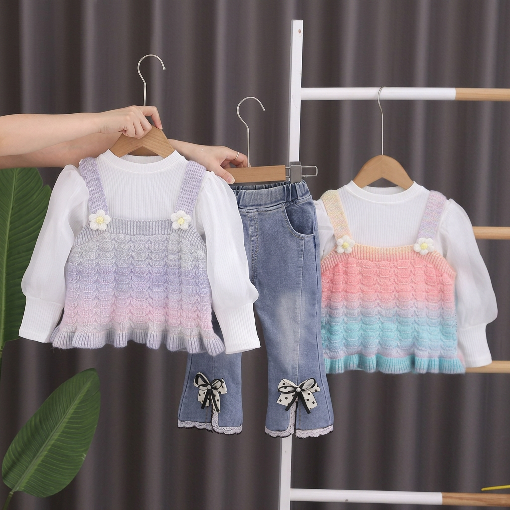 Girls Rainbow Knit Top & Denim Pants Set – 3 Piece