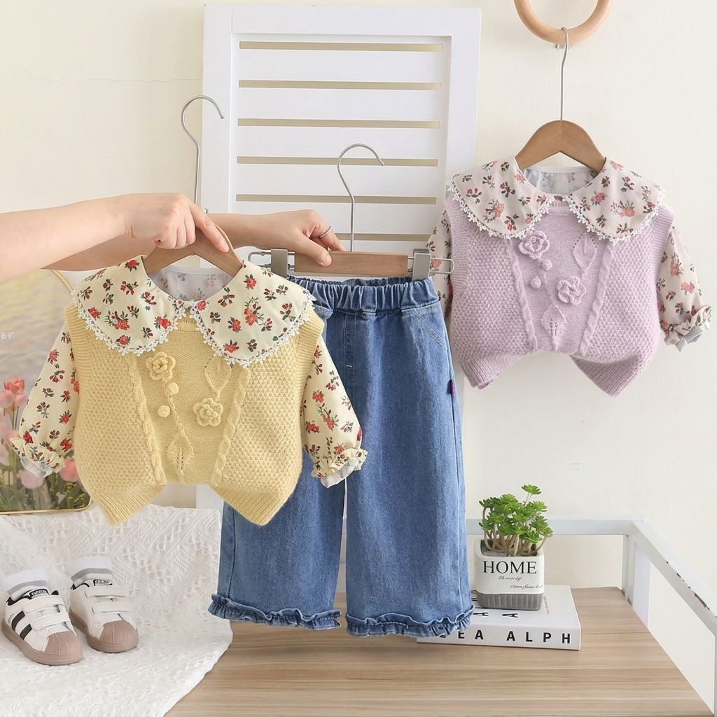 Girls Floral Knit Sweater & Denim Pants Set – 3 Piece