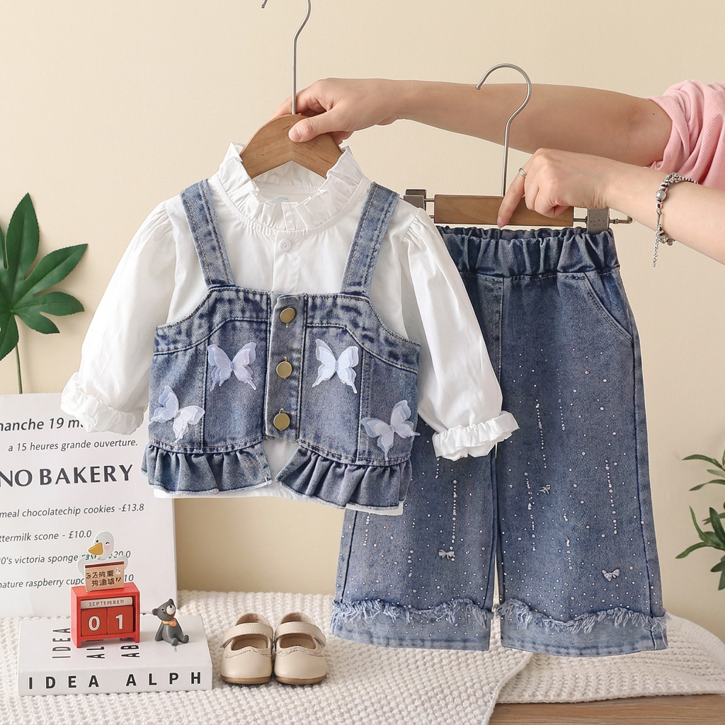Girls Butterfly Denim Vest & Wide-Leg Jeans Set – 3 Piece