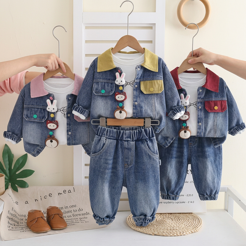 Baby Girls 3-Piece Denim Jacket & Jeans Set with Bunny Tee