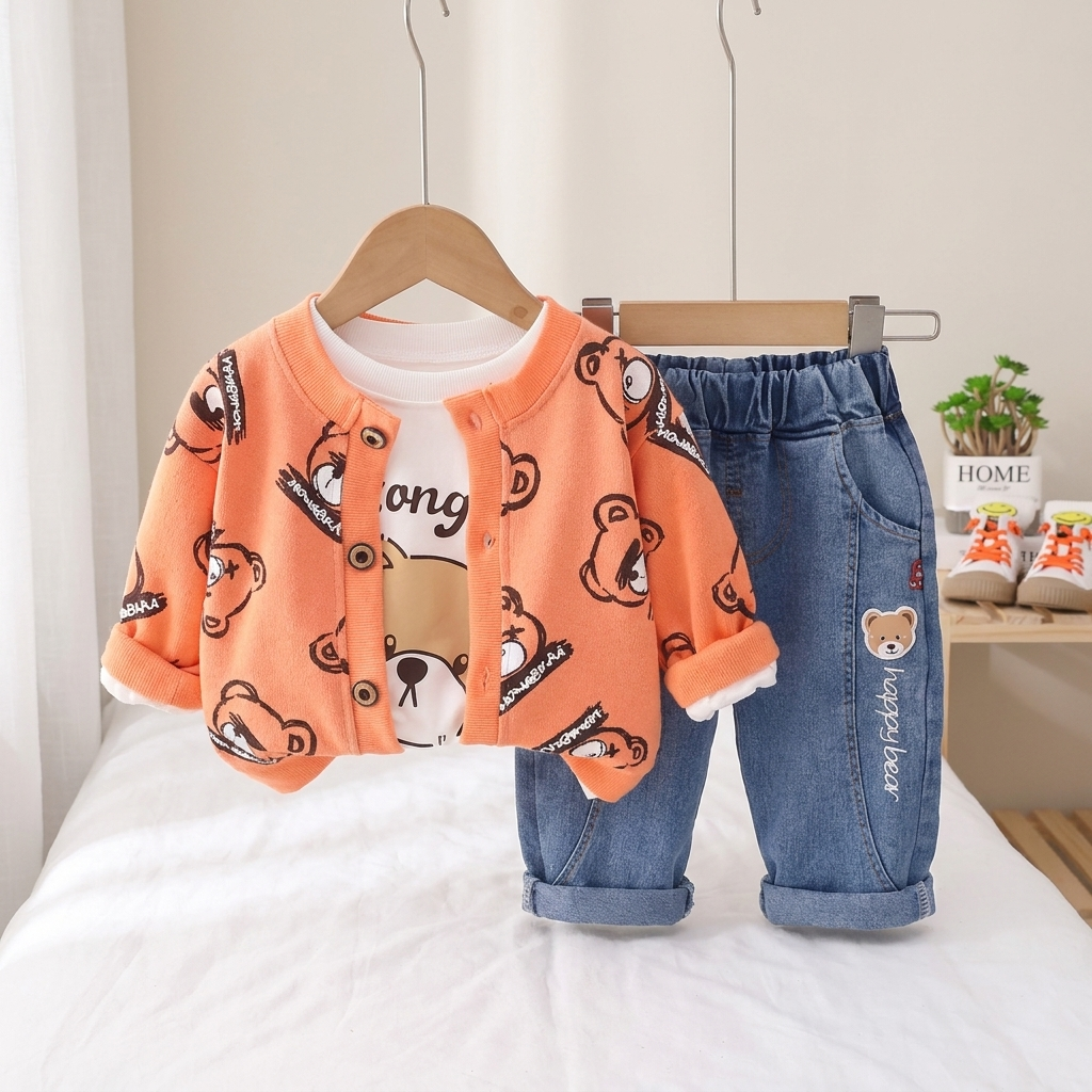 Boys Bear Print Jacket & Denim Pants Set – 3 Piece