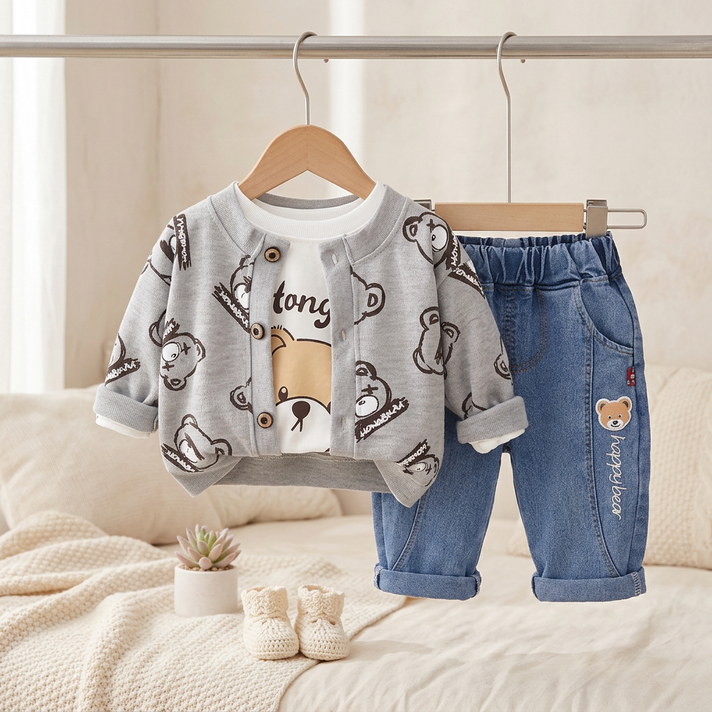 Boys Bear Print Jacket & Denim Pants Set – 3 Piece