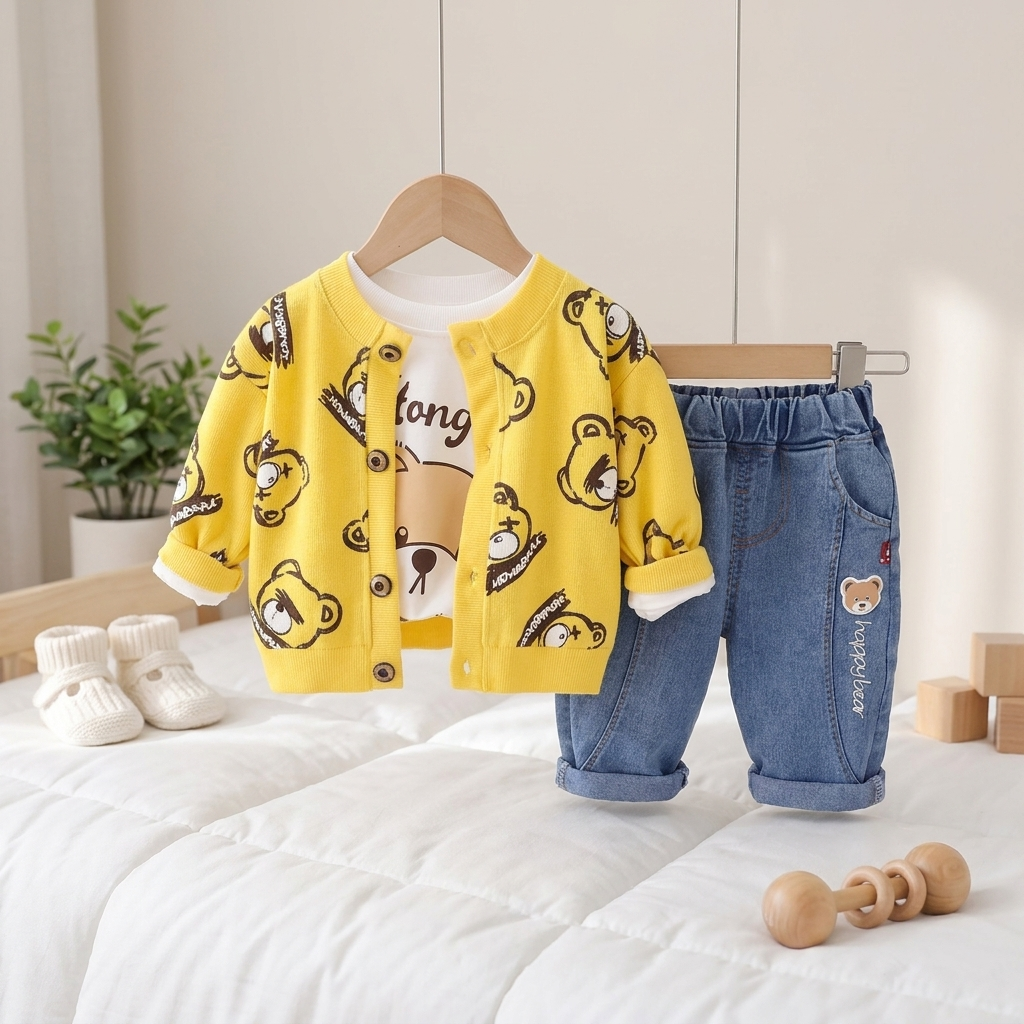 Boys Bear Print Jacket & Denim Pants Set – 3 Piece