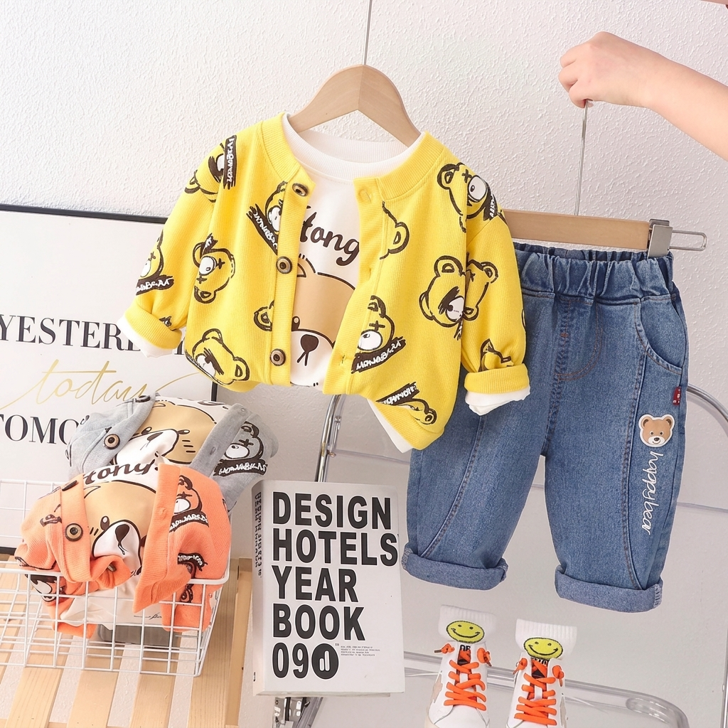 Boys Bear Print Jacket & Denim Pants Set – 3 Piece