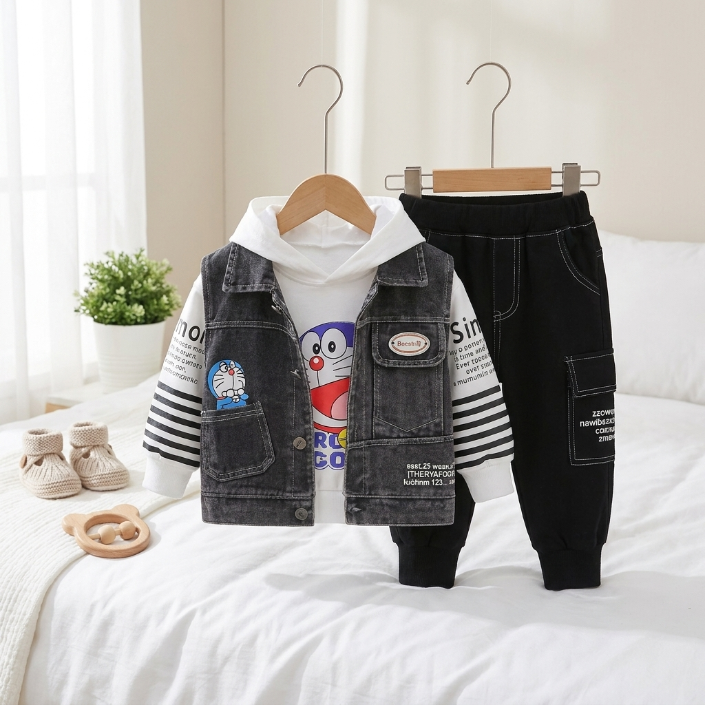 Boys Cartoon Denim Hoodie 3 Piece Outfit Set