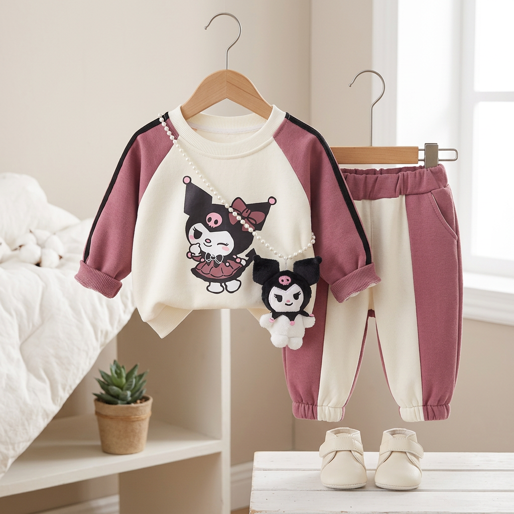 Girls Cartoon Sweatshirt & Jogger Set – 2 Piece Outfit (3 Colors)