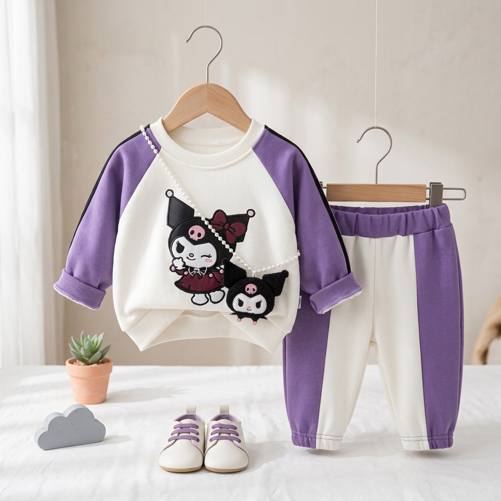 Girls Cartoon Sweatshirt & Jogger Set – 2 Piece Outfit (3 Colors)