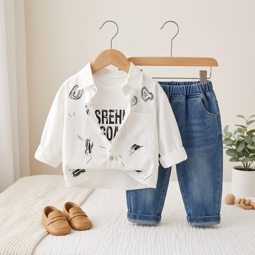 Boys Casual Jacket, T-Shirt & Denim Jeans Set – 3 Piece