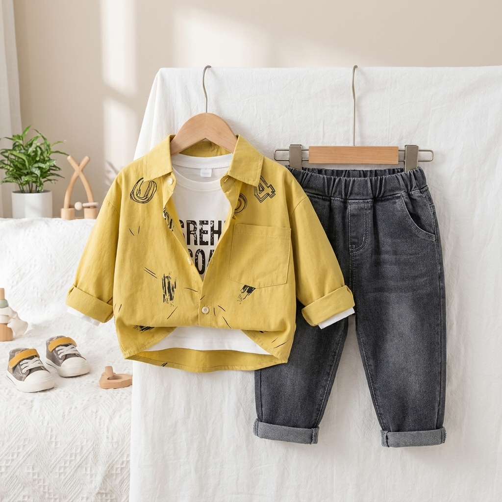 Boys Casual Jacket, T-Shirt & Denim Jeans Set – 3 Piece