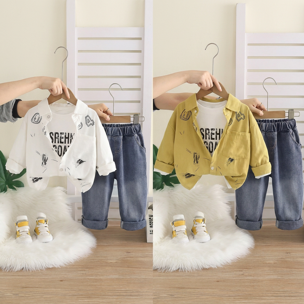 Boys Casual Jacket, T-Shirt & Denim Jeans Set – 3 Piece