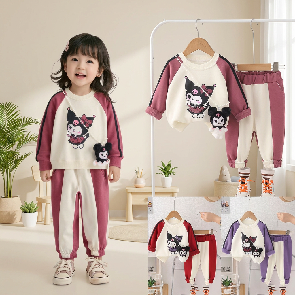 Girls Cartoon Sweatshirt & Jogger Set – 2 Piece Outfit (3 Colors)