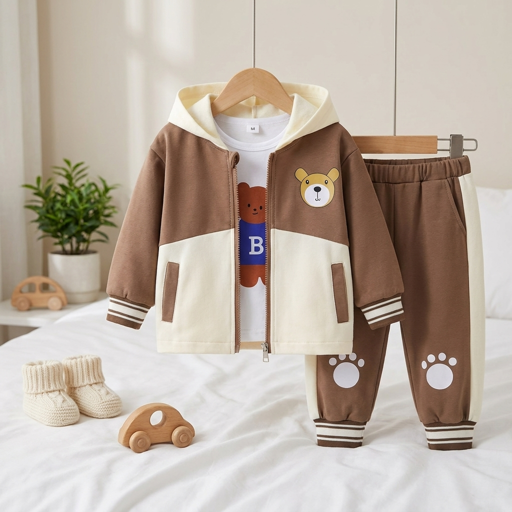 Boys Bear Hoodie Jacket & Jogger Set – 3 Piece