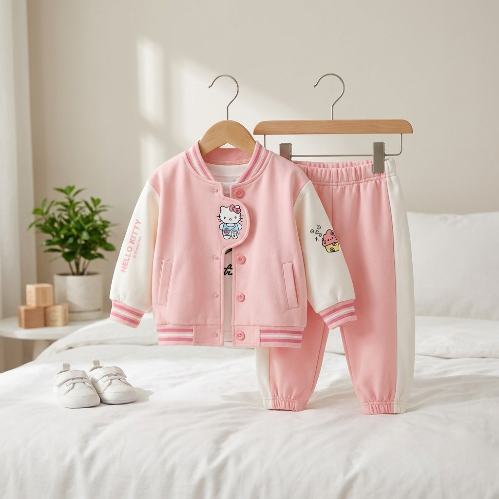 Girls Cartoon Varsity Jacket & Jogger Set – 3 Piece Outfit (2 Colors)