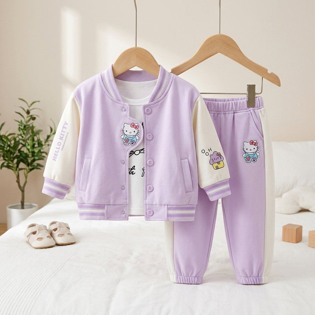 Girls Cartoon Varsity Jacket & Jogger Set – 3 Piece Outfit (2 Colors)