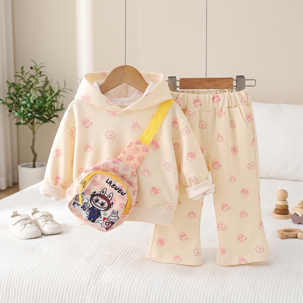 Girls Printed Hoodie & Wide Leg Pants Set with Crossbody Bag – 3 Piece
