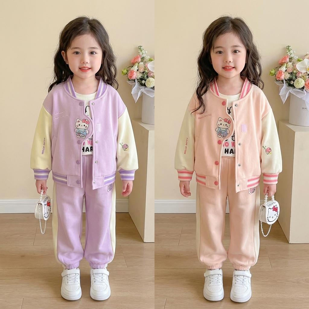 Girls Cartoon Varsity Jacket & Jogger Set – 3 Piece Outfit (2 Colors)