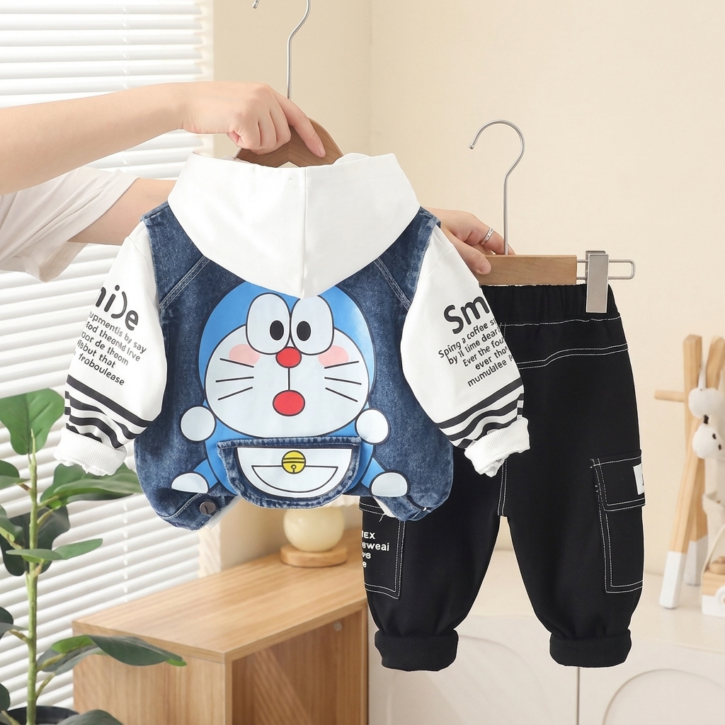 Boys Cartoon Denim Hoodie 3 Piece Outfit Set