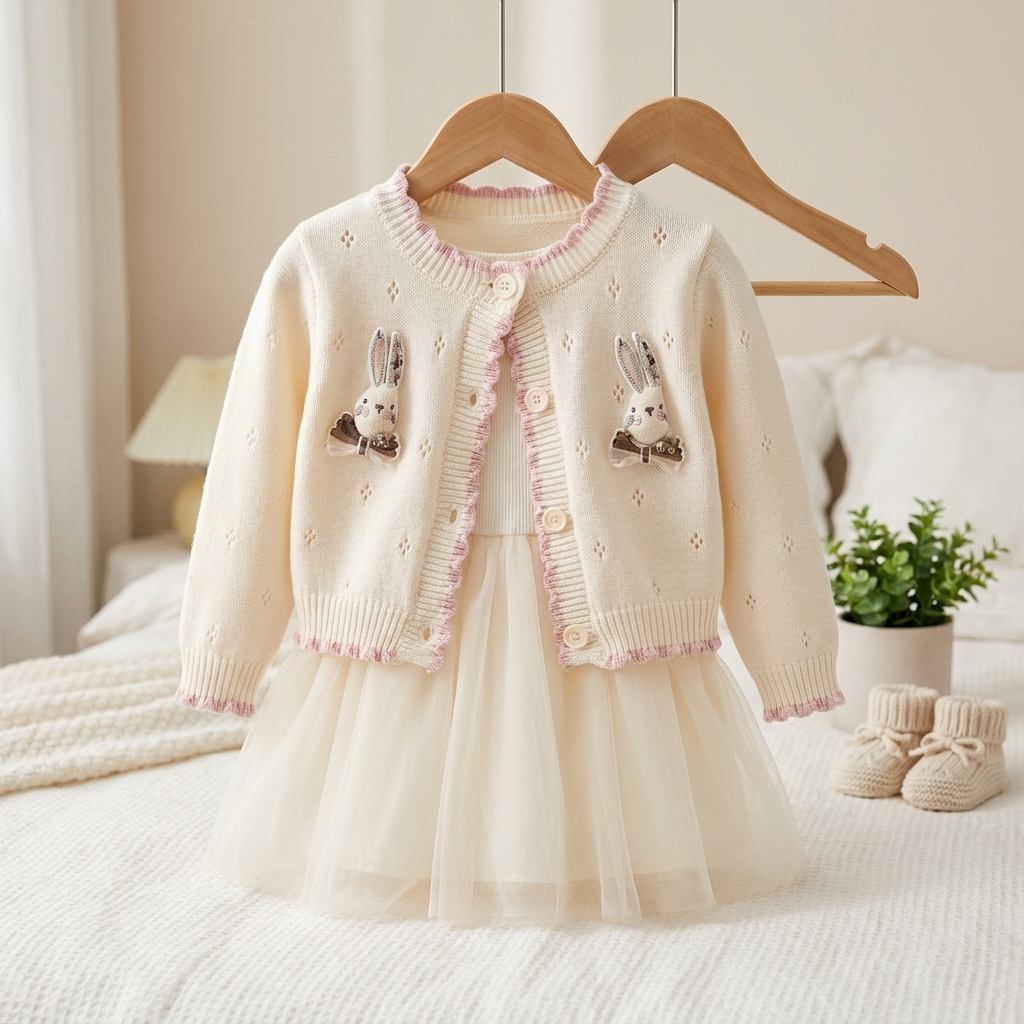 Girls Bunny Cardigan & Tulle Dress Set – 2 Piece Outfit