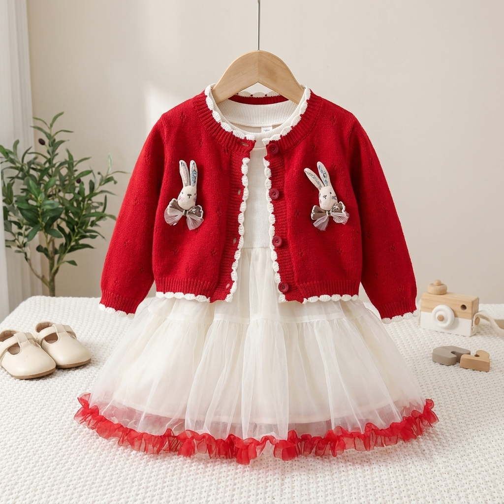 Girls Bunny Cardigan & Tulle Dress Set – 2 Piece Outfit