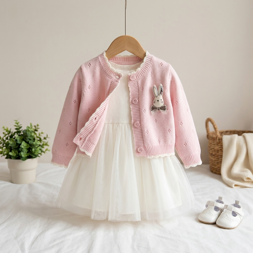 Girls Bunny Cardigan & Tulle Dress Set – 2 Piece Outfit
