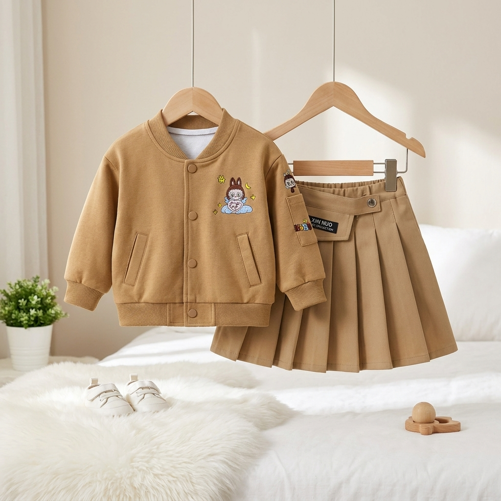 Girls Bomber Jacket & Pleated Skirt Set – 2 Piece Outfit (3 Colors)