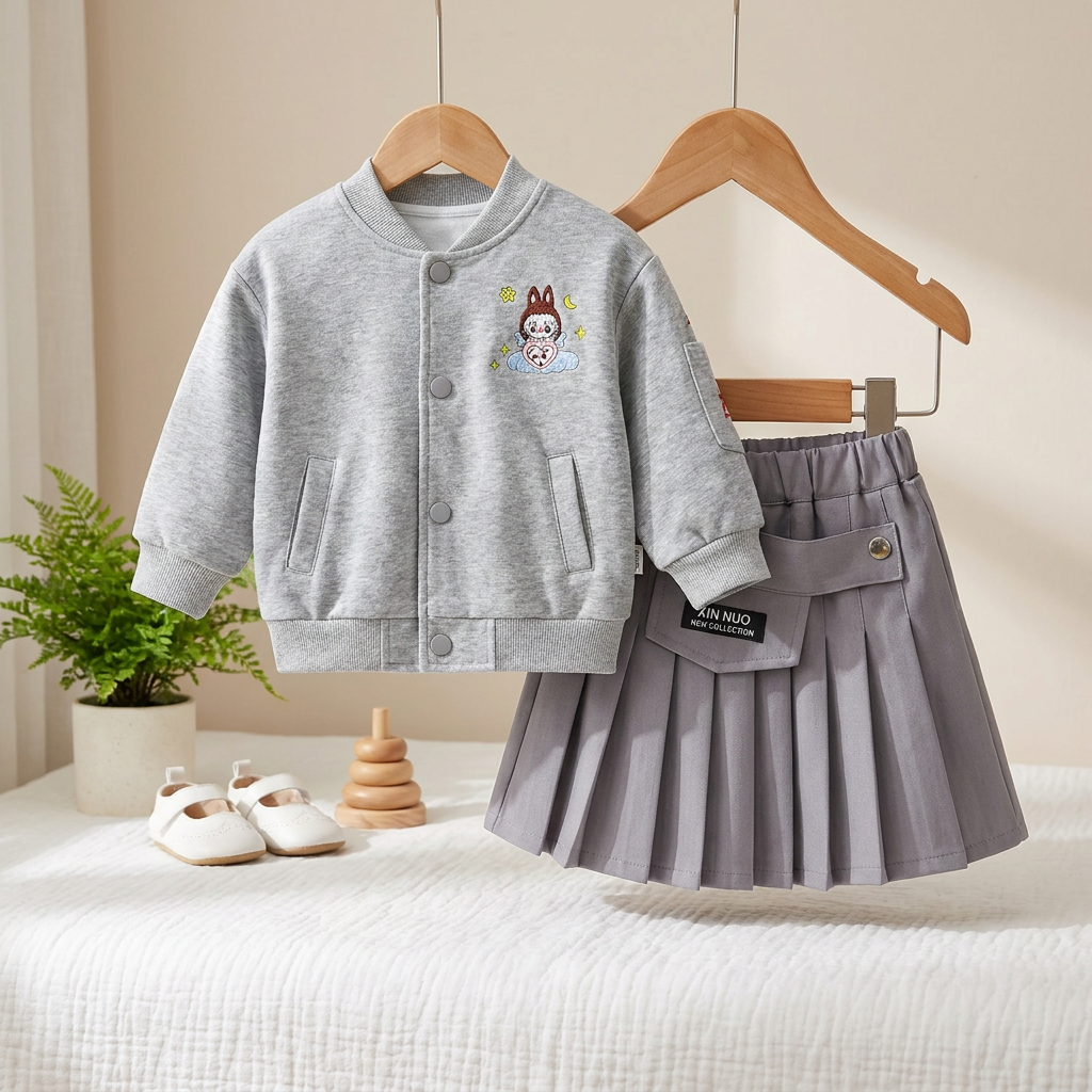 Girls Bomber Jacket & Pleated Skirt Set – 2 Piece Outfit (3 Colors)
