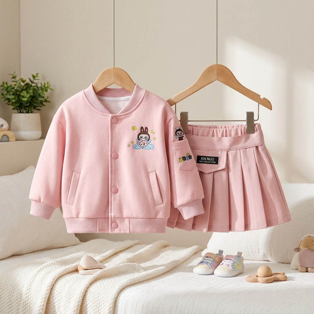 Girls Bomber Jacket & Pleated Skirt Set – 2 Piece Outfit (3 Colors)