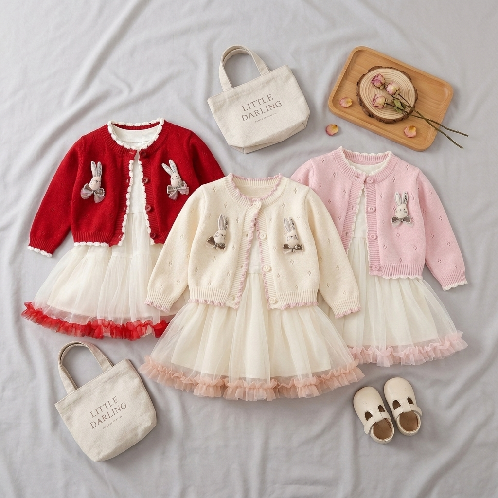 Girls Bunny Cardigan & Tulle Dress Set – 2 Piece Outfit